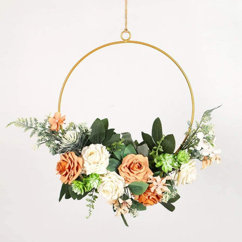 Floral Hoop Wreath Iron Artificial Rose Flower Wreath Artificial Flower Round Frame Garland for Front Door Wedding Party Nursery Decor - Orange...
