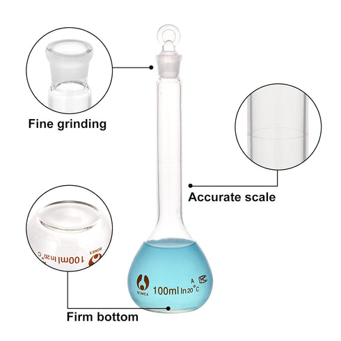 OLYCRAFT 4pcs Volumetric Flask 10ml/25ml/50ml/100ml Volumetric Flask Set with Glass Cap Durability & Chemical Resistance Glass Bottle for Laborato...