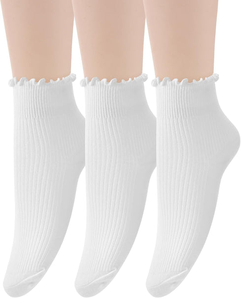 3 Pairs White Ruffle Socks Women Cute Casual White Ruffle Turn-Cuff Casual Ankle Socks Breathable Cylindrical Cotton Crew Socks Fashionable Seamle...