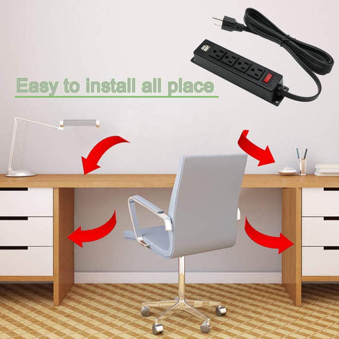 Mountable Power Strip with USB Ports,Wall Mount Power Outlets Screw Down Power Socket in Desk Under Cabinet Power Station 4AC Outlet 2 USB 6.56 Fe...