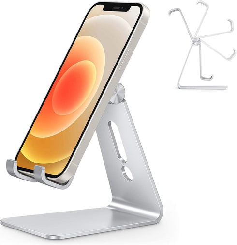 Adjustable Cell Phone Stand, OMOTON Aluminum Desktop Cellphone Stand with Anti-Slip Base and Convenient Charging Port, Fits All Smart Phones, Silv...