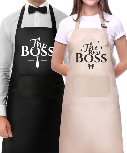 Couple Aprons for Cooking-The Boss The Real Boss Apron Set Funny Adjustable Baking Aprons His and Her Engagement Anniversary Wedding Valentines Da...