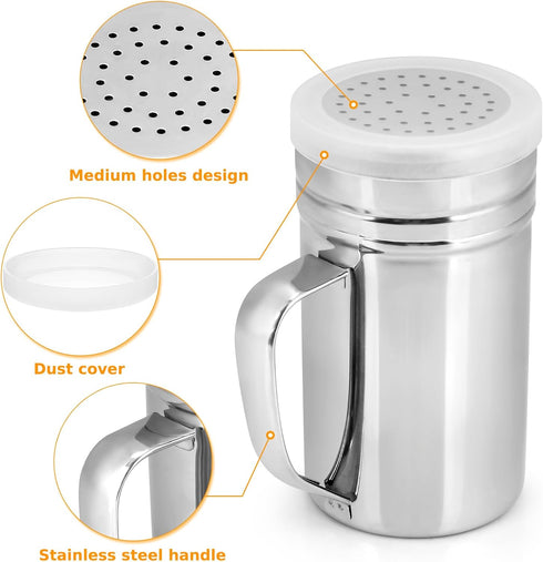Accmor 2pcs Stainless Steel Dredge, Salt Pepper Dredge Shakers with Handle, Seasonings Spice Shakers with Lid, 14 Ounce...