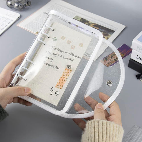 A6 Binder Cover Clear Glitter Soft PVC Binders Folder White Refillable 6-Ring Binder Envelopes Binder Cover with Snap Button Closure for Filler Pa...
