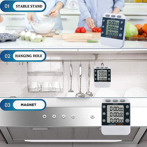 Digital Dual Kitchen Timer for Cooking, 3 Channels Count Down/up Triple Multi Timers for Food, Magnetic Memory-Preset Large-Display Adjustable Ala...