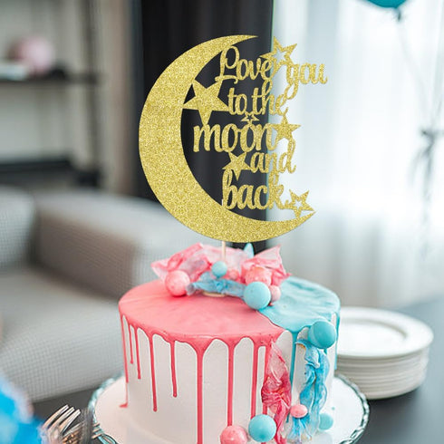 Love You To The Moon and Back Cake Topper - Gold Glitter Cake Decoration for Wedding Party...