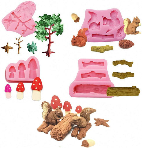 4Pcs/Set Forest Themed Fondant Molds Animal Tree Trunk Squirrel Mushroom Pinecones Lumberjack Gumpaste Chocolate Candy Mold Stump Birthday Cake De...