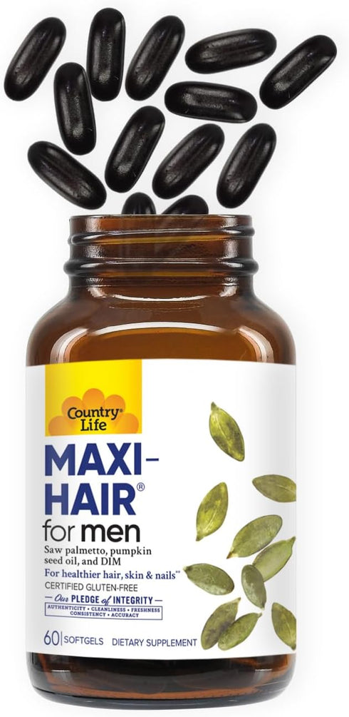 Country Life Maxi-Hair for Men - 2000mcg Biotin, Saw Palmetto, Pumpkin Seed Oil, DIM, Potassium, Magnesium, Calcium & Zinc Blend - Supports Health...