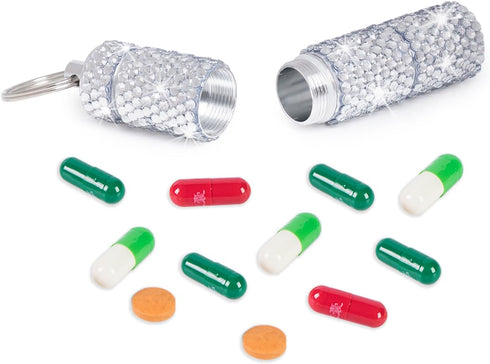Bling Pill Case Pill Box Pill Organizers with Keychain Rhinestone Portable Pill Holder Waterproof Glitter Pill Storage Container for Indoor Outdoo...