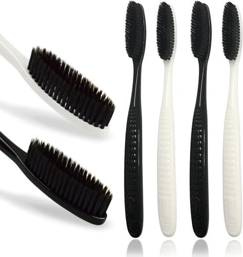 Large Long Head Toothbrush, 4-Pack, Upgraded Hard & Firm Charcoal Bristles, Whitening Teeth, Removing Plaque, Brace, Cigarette, Coffee and Other S...