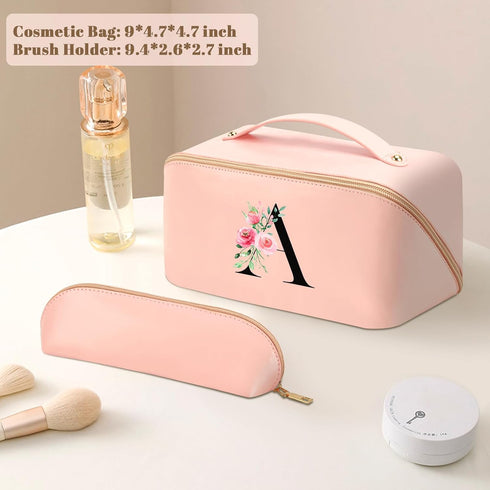 Personalized Initial Makeup Bag, Travel Cosmetic Bag with Brush Bag for Women, Large Capacity Portable Toiletry Bag Make Up Organizer...
