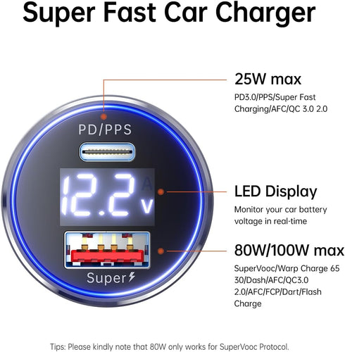 SuperVooc 100W 80W Car Charger Warp Charge 65W for OnePlus 12 12R 11 10 Pro 9 10T 10R 8T 8 7T 7 6T 9R Open Nord 2T CE 2 Lite N20 N10 N100, 25W PD ...