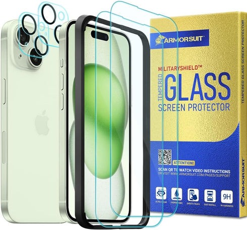 ArmorSuit Glass Screen Protector for iPhone 15 Plus + Camera Lens Protector 2+2 Pack, Tempered Glass Case Friendly (w/Alignment Tool)...