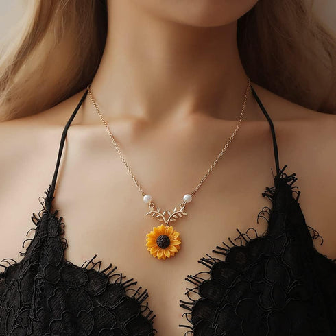 Sunflower Necklace Earring Bracelet Ring Set Boho Resin Petal Pendant for Women Jewelry Accessories...