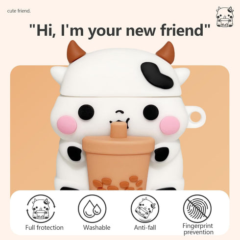 Cute Boba Tea Cow Airpods Case with Cleaner kit,3D Cartoon Funny Kawaii Fashion with Keychain for Girls Boys Kids for Airpod Case 2nd&1st Generati...