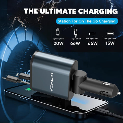 Retractable Car Charger, 4 in 1 Retractable Car Charger 66W with Cord 2.6ft, USB C Car Charger, Retractable Cables and USB Car Charger Adapter Com...