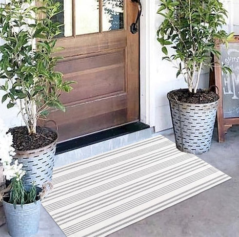 Grey and White Striped Doormat 24'' x 35'' Front Porch Rug Layered Door Mats Machine Washable Indoor Outdoor Rug for Front Porch Hand-Woven Entryw...