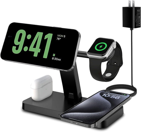 Magnetic Charging Station,PDKUAI for MagSafe 4 in 1 Fast Wireless Charger Stand for iPhone 15,14,13,12 Pro/Max/Mini/Plus, Apple Watch 9/8/7/6/SE/5...
