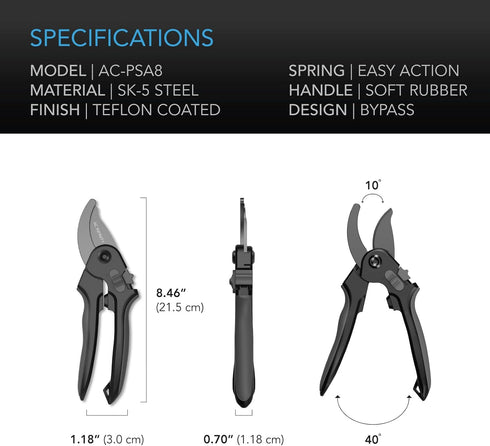 AC Infinity 8” Professional Bypass Pruning Shear, Stainless Steel SK-5 Blades with Nonstick Teflon Coating, Tree Trimmer Secateurs for Gardening, ...