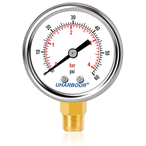 Lead-Free Water Pressure Gauge Liquid Filled 60 Psi 2" Dial, Stainless Steel Case, 1/4" NPT Lower Mount, Water Pressure Gauge for Home...