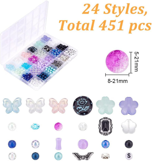 451Pcs Colorful Glass Beads Acrylic Butterfly Bead Plastic Flower Beads Letter Beads Angel Wing Beads Smooth Crackle Bead for DIY Bracelet Earring...