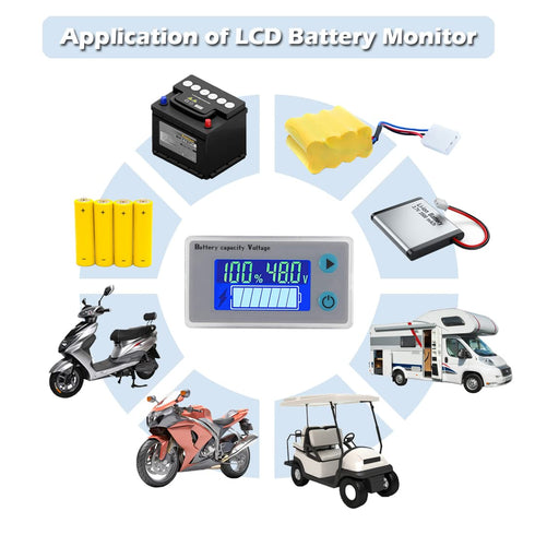 10-100V Battery Monitor LCD 12V 24V 36V 48V Digital Battery Capacity Voltmeter Tester Percentage Level Voltage Temperature Monitor Meter with Cabl...