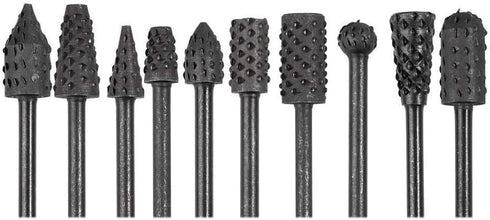 10pc 1/8''(3mm) Shank Carbon Steel Rotary Burr Rasp Set Wood Carving File Rasp Drill Bits for DIY Woodworking Wood Carving Polishing Grinding Engr...