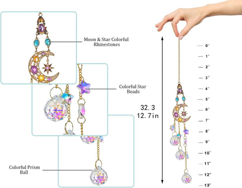 Handmade Crystal Moon&Star Prisms Suncatchers, Glass Window Hanging Ornament, Rainbow Rhinestones Decor for Home Garden...