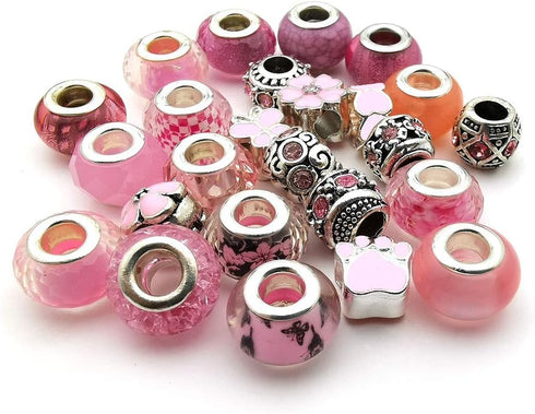 50pcs Assorted Pink Resin Imitation Glass European Large Hole Beads Rhinestone Metal Spacer Charms Bead Assortments for DIY Crafts Bracelets Neckl...