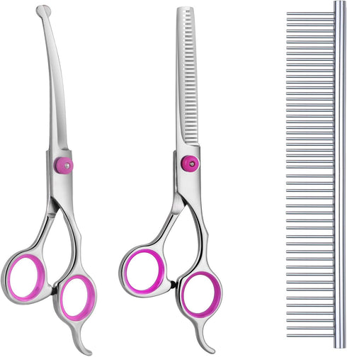 Maxshop Dog Grooming Scissors with Safety Round Tips, Heavy Duty Titanium Pet Grooming Trimmer Kit, Professional Thinning Shears, Curved Scissors ...
