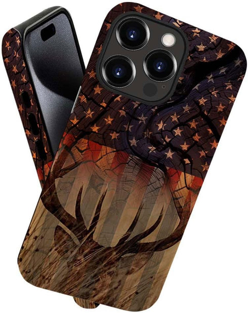 DJSOK Case Compatible with iPhone 15 Plus,Creative Wood Grain American Flag Deer Phone Case Colorful Fall Protection Shell Hybrid 2-Layer Hard She...