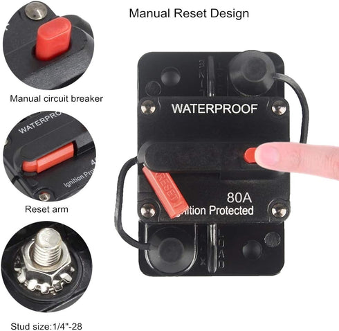 80 Amp Circuit Breaker Manual Reset 30-250A for Car Truck Rv ATV Marine Trolling Motors Boat Vehicles,12V-48V DC Waterproof (80A)...