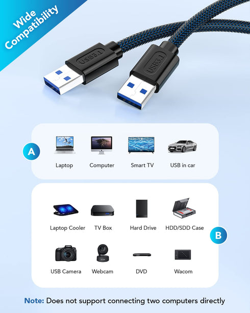 ANDTOBO USB 3.0 A to A, 3.3 FT, Male to Male Cable Double End USB Cord Compatible with Hard Drive Enclosures DVD Player Laptop Cooler - Blue...
