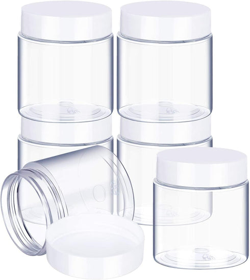 6 Pack 8 oz Plastic Pot Jars Round Clear Leak Proof Plastic Cosmetic Container Jars with White Lids for Travel Storage Make Up, Eye Shadow, Nails,...