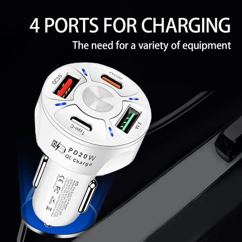Car Charger Adapter,4 Ports USB Fast Car Charger QC3.0/PD20W/Type-c/2.1A, Smart Shunt Car Phone Charger Compatible iPhone 14 13 12 Pro Max/All Sma...