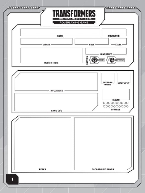 Renegade Game Studios Transformers Roleplaying Game Expanded Character Sheet Journal...