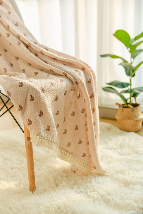 Cotton Baby Muslin Tassles 40"x 47", Baby Receiving Blanket with Fringe, Boho Muslin Swaddle Blanket with Fringe- Earth Rainbow…...