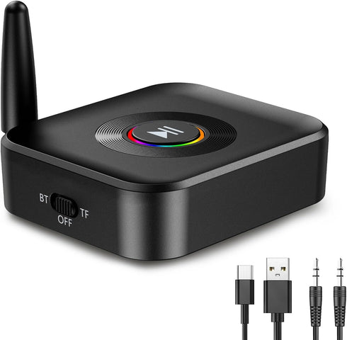 JXTZ Bluetooth Aux Adapter for Home Stereo, Bluetooth 5.1 Receiver with RGB Light, Support FT Card, 3.5mm Aux to Bluetooth Adpater, Low Latency, D...
