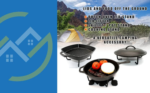 Dutch Oven Lid Lifter And Stand - Cast Iron Pot Stand - Multifunctional Camping Accessory For Cast Iron Cookware - Includes Red Silicone Heat Resi...