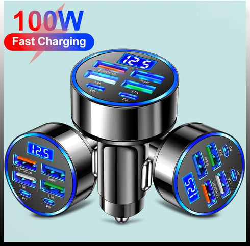 6-in-1 Multi-Port Car Charger with Voltage Detection, 2PD+3USB+QC3.0 Fast Charge Cigarette Lighter Plug Adapter Compatible with iPhone,Android,Sam...