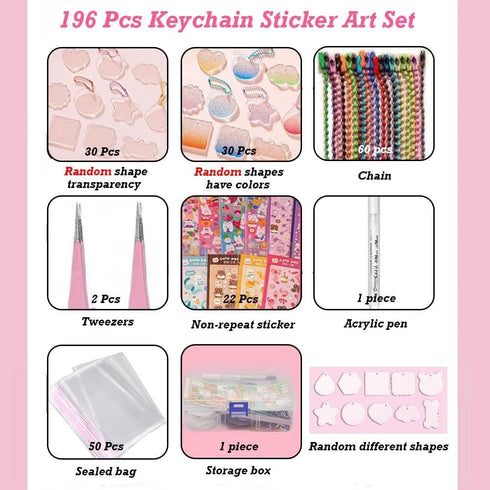 YCOSAN 196 Pcs DIY Keychain Kit - Acrylic Keychain Blanks for Crafts, 2 inch Acrylic Transparent Blanks Discs, Kawaii Key Chains Sticker Kit...