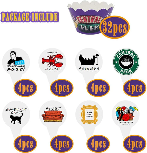 64 PCS Cupcake Toppers and Wrappers for Friends TV Show Themed Set (32 of each), Cute Party Supplies for Friends Themed Birthday Party or Bridal S...
