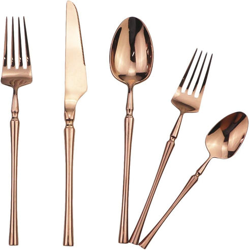 Copper Silverware Set, 5-Piece 18/10 Stainless Steel Flatware Cutlery Set for 1,Mirror Finish, Ideal for Wedding Festival Party Home Kitchen, Dish...