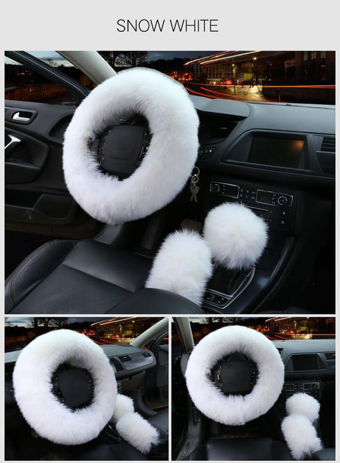 3Pcs Set Womens Winter Fashion Wool Fur Soft Furry Steering Wheel Covers White Fluffy Handbrake Cover Gear Shift Cover Fuzz Warm Non-Slip Car Deco...