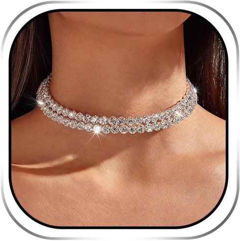 Rhinestone Choker Necklace Silver Chokers Crystal Layered Necklaces Sparkly Prom Party Collar Neck Jewelry for Women...