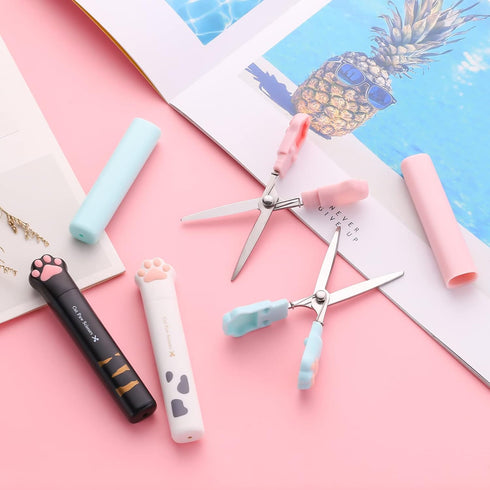 4 Pieces Cute Mini Scissors, Cartoon Cat Paw Stainless Steel Craft Scissors, Folding Stationery Scissors with Safety Cover, Portable Safety Scisso...