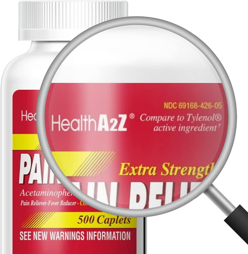 HealthA2Z® Extra Strength Pain Relief | Acetaminophen 500mg | Contains No Aspirin | Fever Reducer | Pain Reliever (500 Count (Pack of 1))...