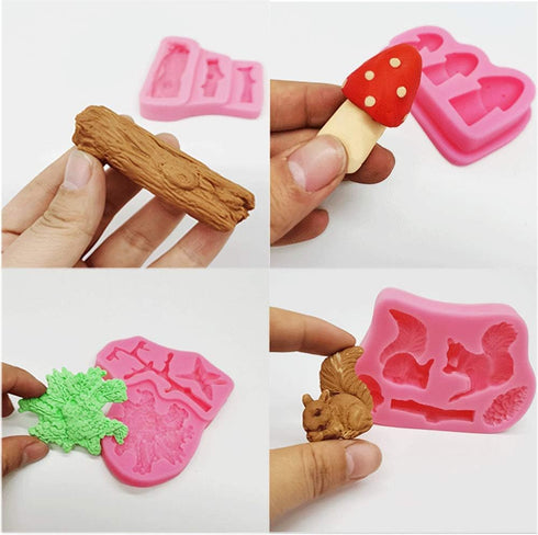 4Pcs/Set Forest Themed Fondant Molds Animal Tree Trunk Squirrel Mushroom Pinecones Lumberjack Gumpaste Chocolate Candy Mold Stump Birthday Cake De...