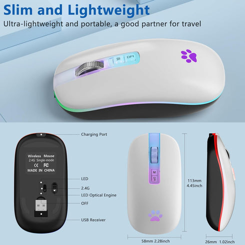 Wireless Mouse, Backlit LED Portable Slim Computer Mouse for Laptop, PC, Computer, MacBook, iPad, Chromebook, Notebook, 2.4G Rechargeable Wireless...