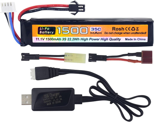 11.1V 35C 1500mAh SM-2P Plug Lithium Battery with T Plug Otamiya Plug Conversion line and USB Charging Cable for Air Gun Model Gun Rifle Remote Co...